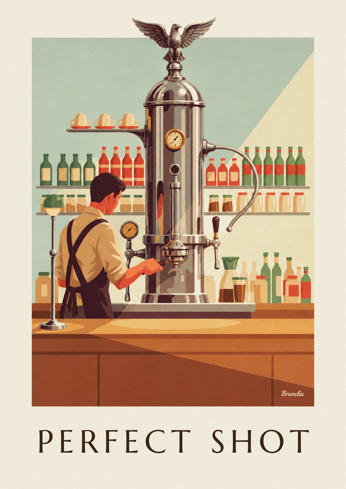 Affiche machine à expresso à levier sur un comptoir italien