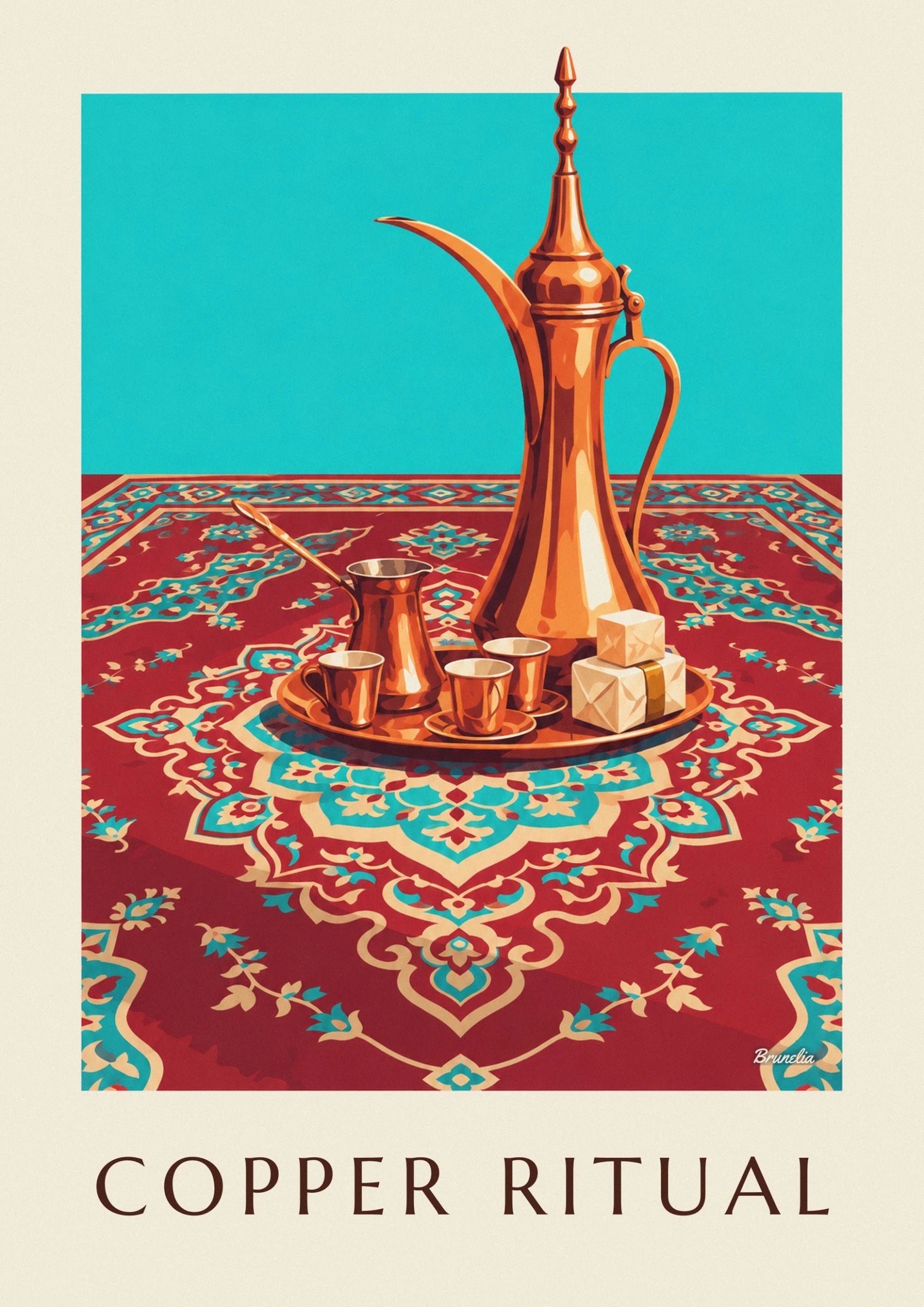 The copper coffee pot with a long handle, surrounded by cups and Turkish delight