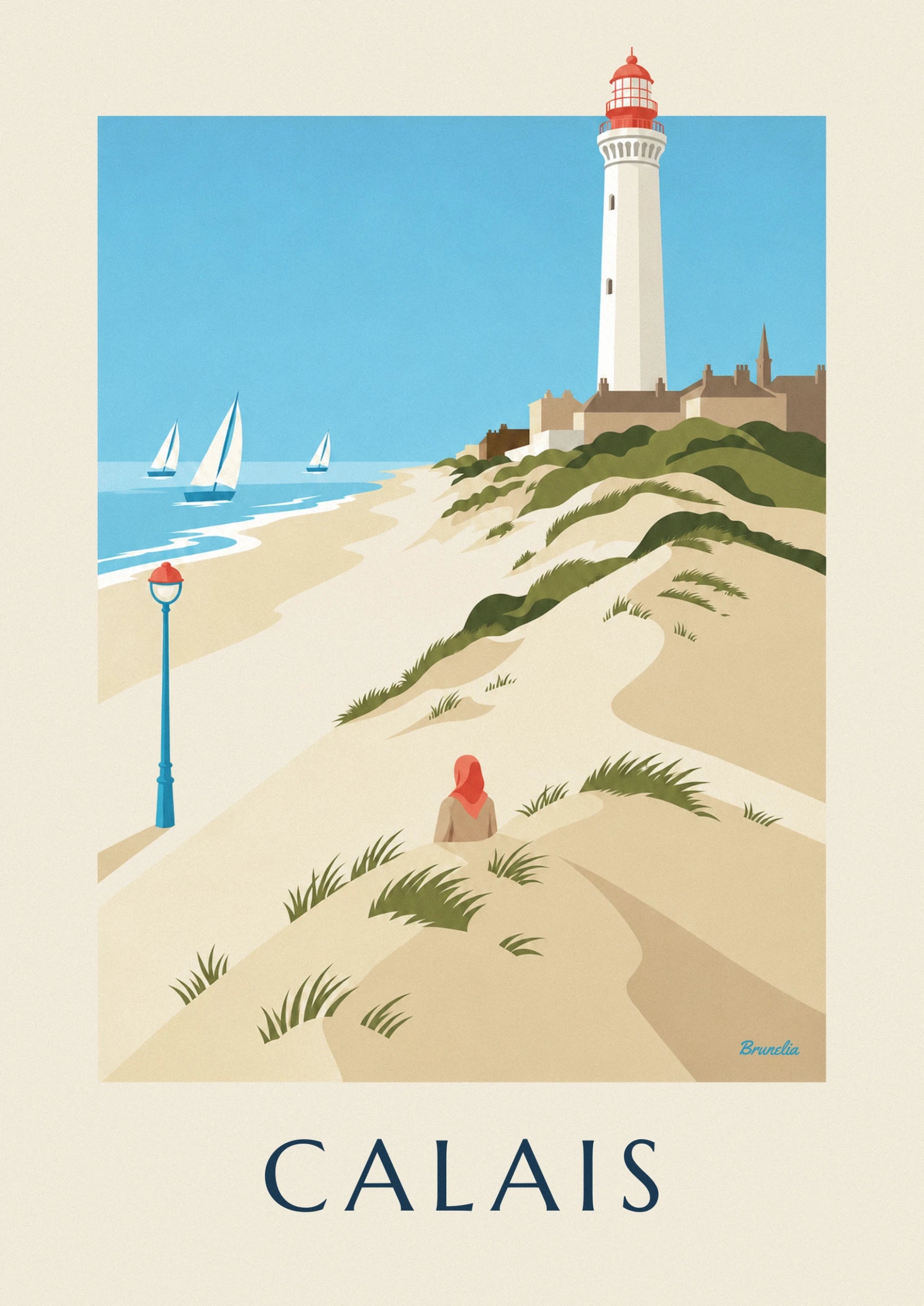 The white lighthouse with its red lantern above the brick houses and dunes