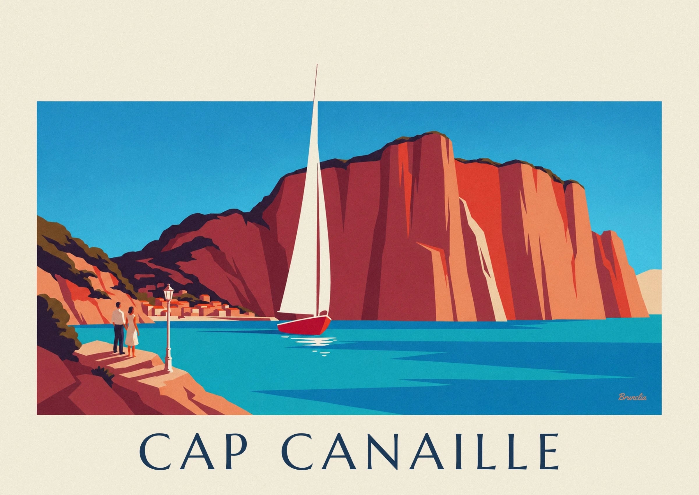 Le voilier à la coque rouge et à la grande voile blanche, au pied des falaises