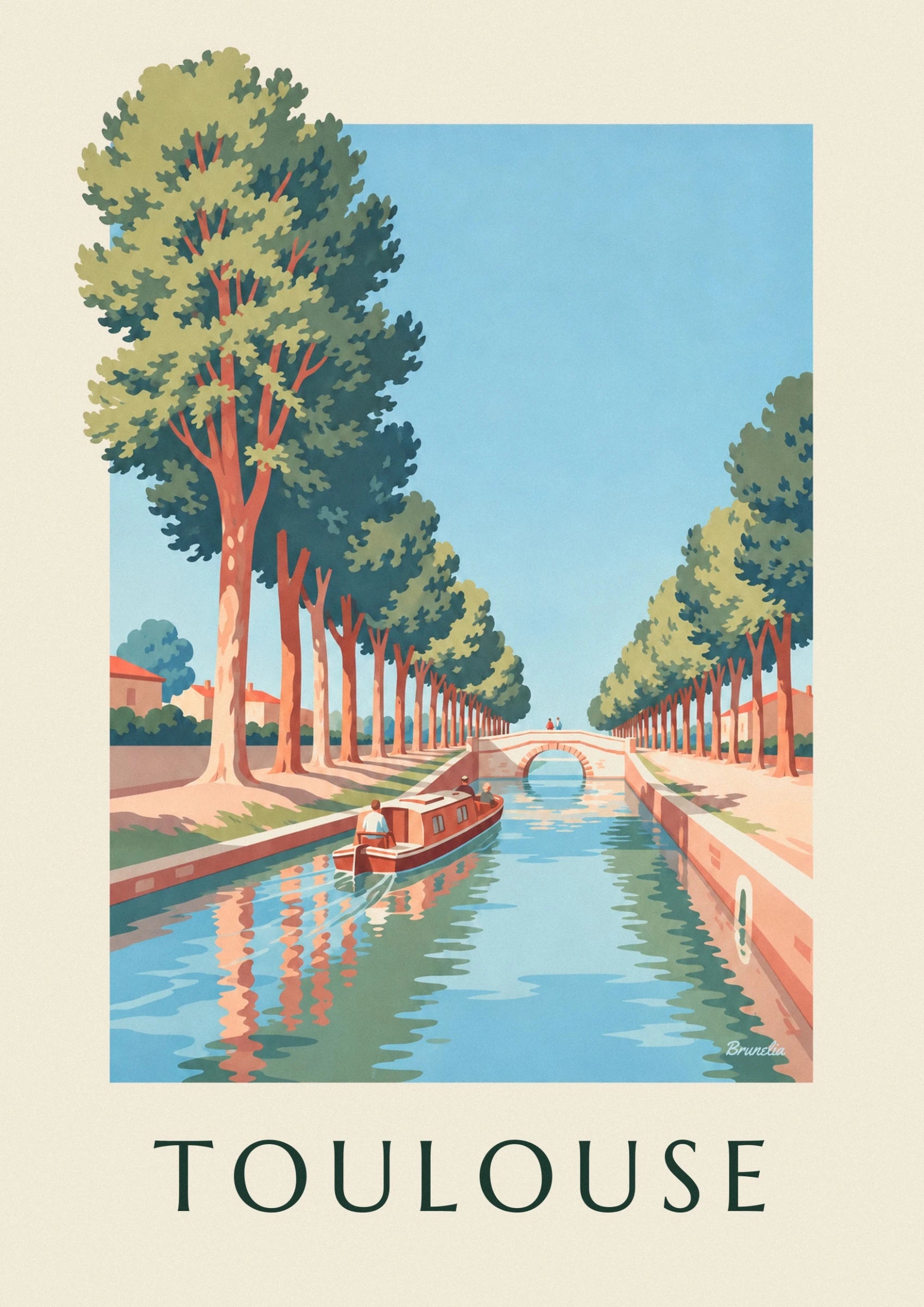 Le bateau rouge et ses passagers sur le canal du Midi, près du pont