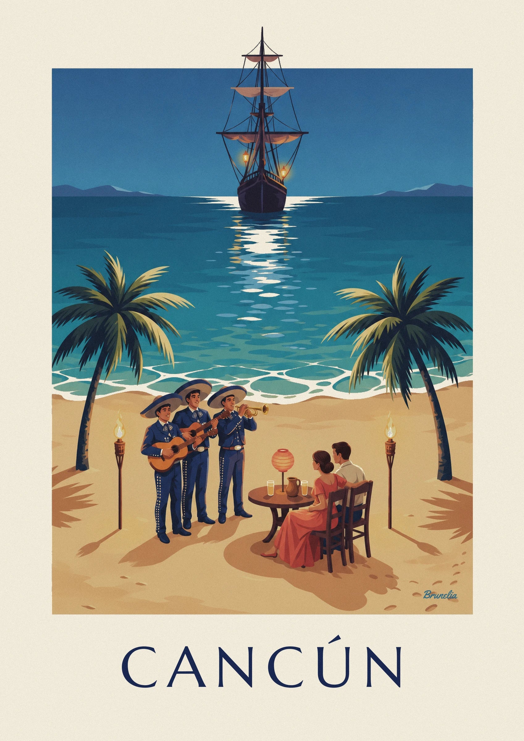 Les 3 mariachis en costume bleu et sombrero, avec 2 guitares et une trompette sur la plage