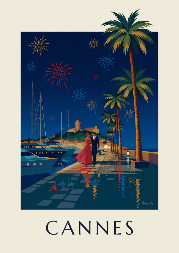 Plakat para pod palmami w Cannes w wieczór pokazu fajerwerków