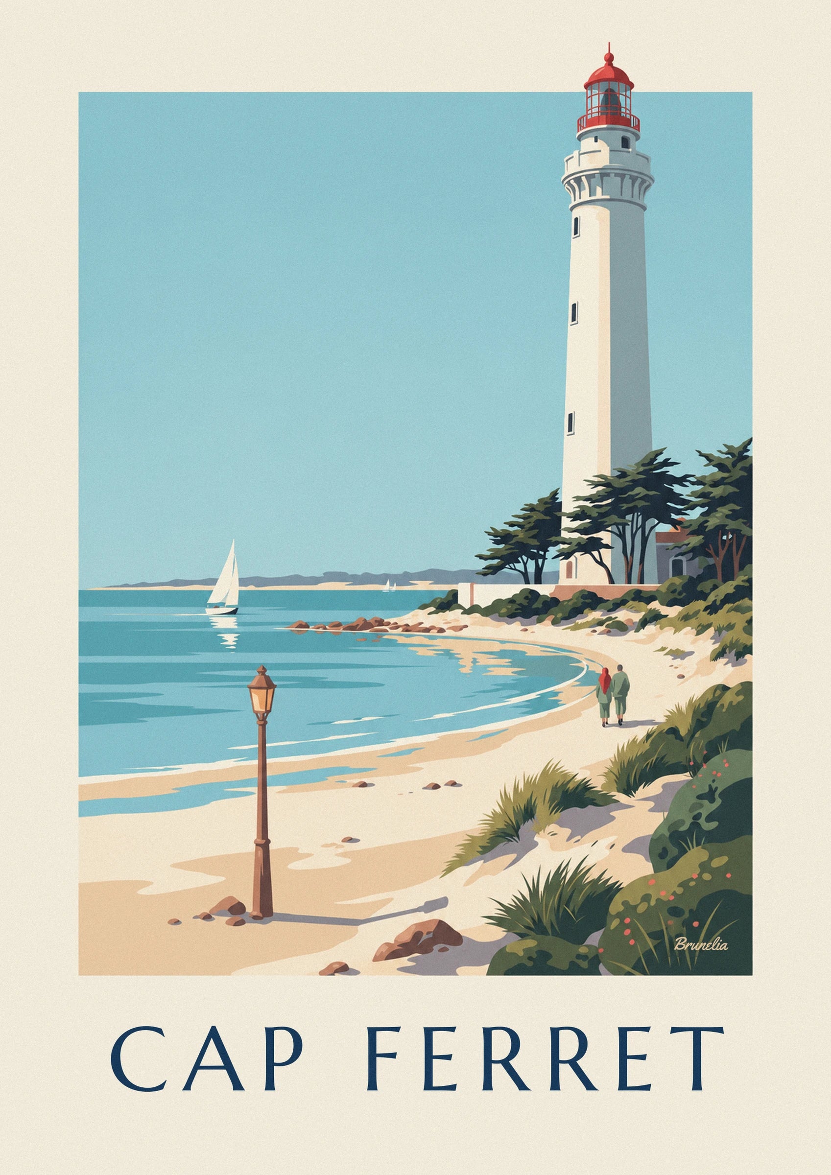 Le phare blanc du Cap Ferret et sa lanterne rouge sur fond de ciel bleu