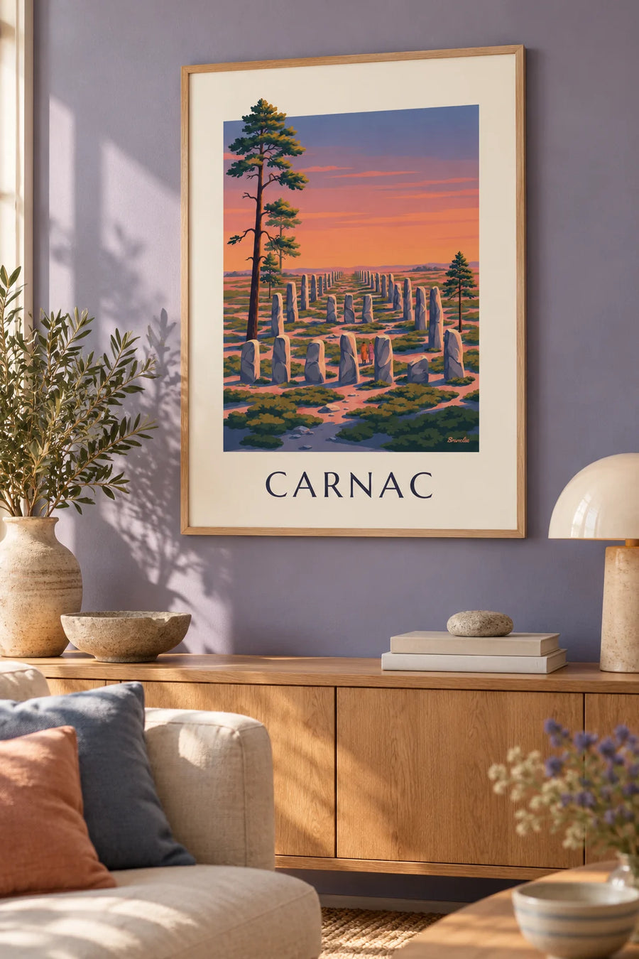 Plakat menhiry w Carnac o zachodzie słońca : w ramie na ścianie