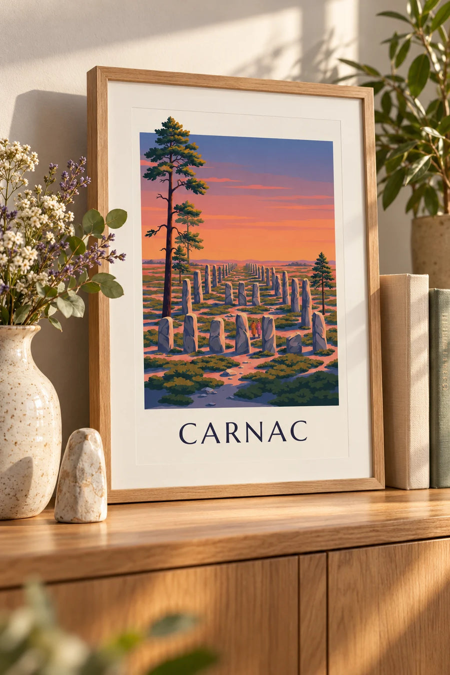 Plakat menhiry w Carnac o zachodzie słońca : mały format A4 w ramie