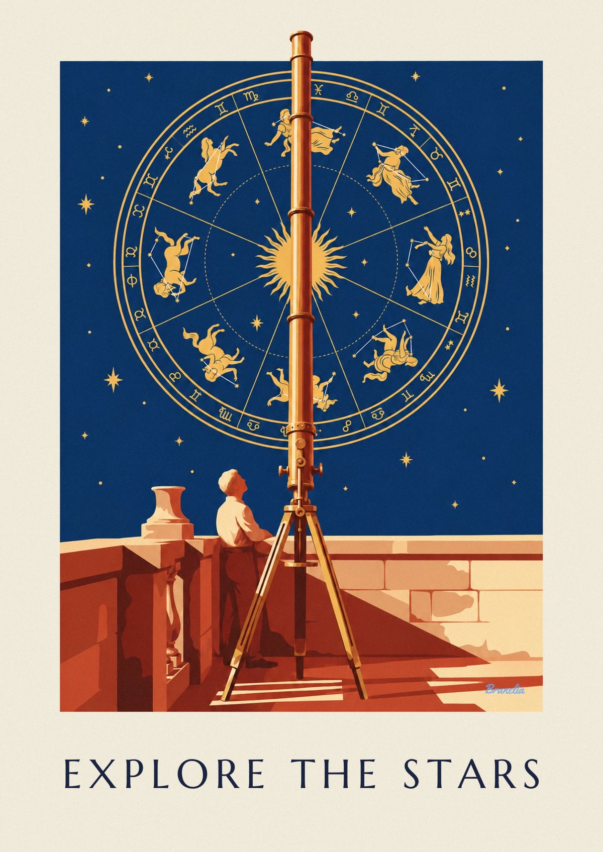 Affiche carte céleste, constellations et télescope en laiton