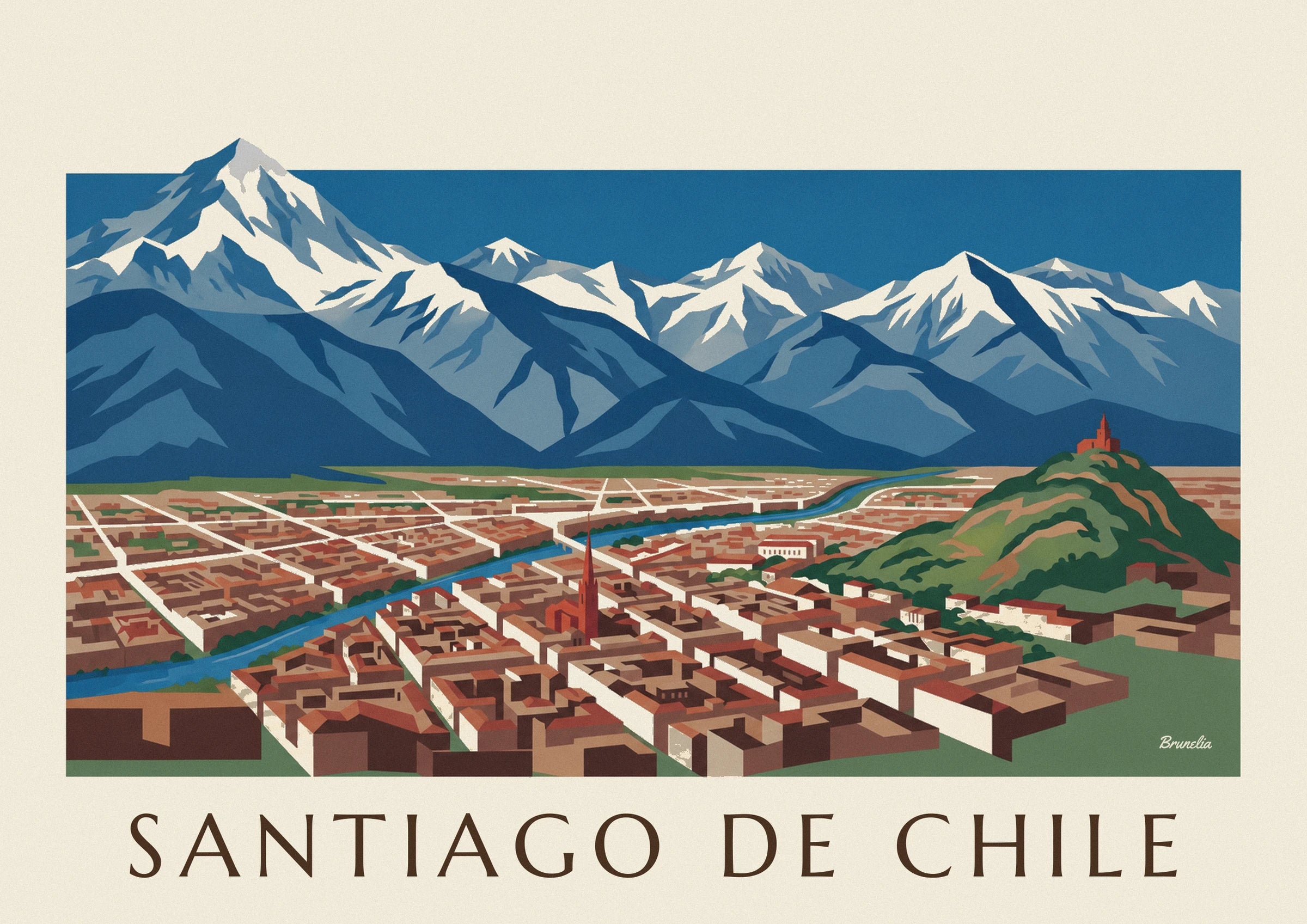 Plakat ilustrowana mapa Santiago de Chile i Andów: zbliżenie szczegółu