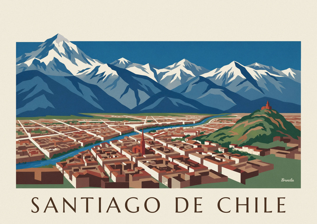 Affiche carte illustrée de Santiago du Chili et des Andes