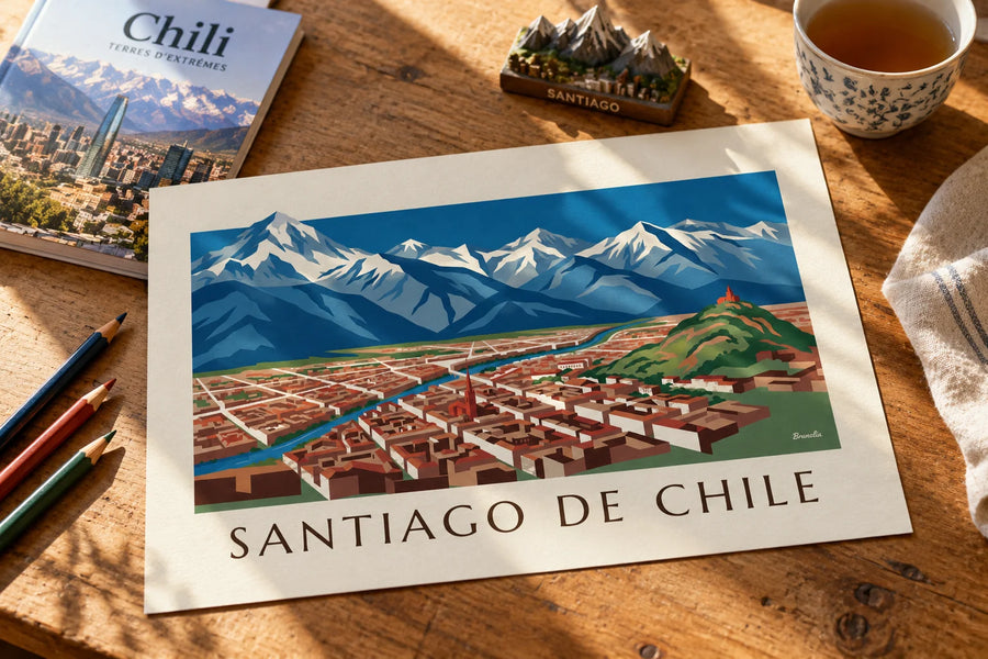 Plakat ilustrowana mapa Santiago de Chile i Andów: na stole