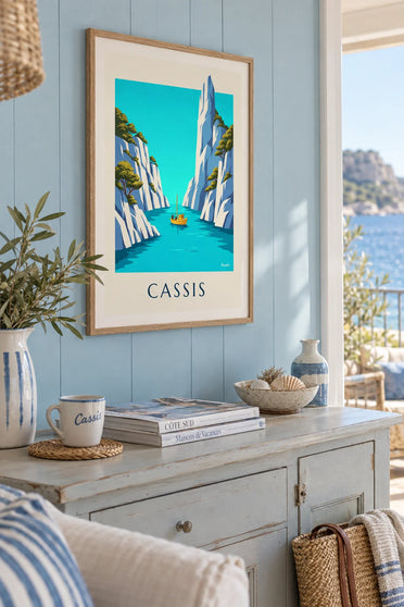 Poster of a yellow boat in a calanque at Cassis: framed on the wall