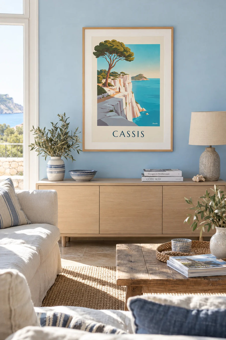 Poster of cliffs, a umbrella pine and Cap Canaille in Cassis: framed on the wall
