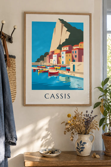 Poster of colorful boats in the port of Cassis: framed on the wall