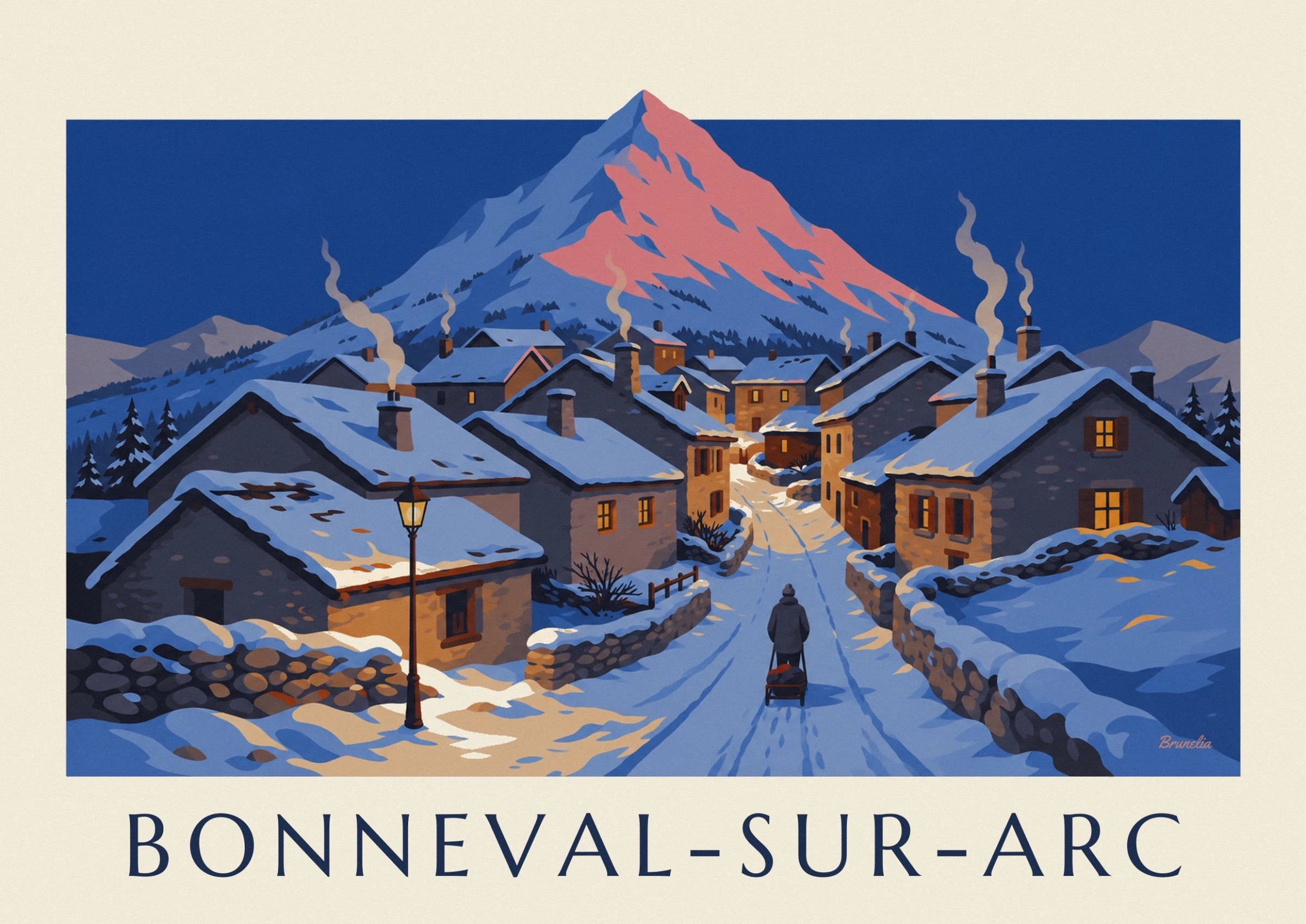 The walker with a loaded sledge, alone in the snowy village lane