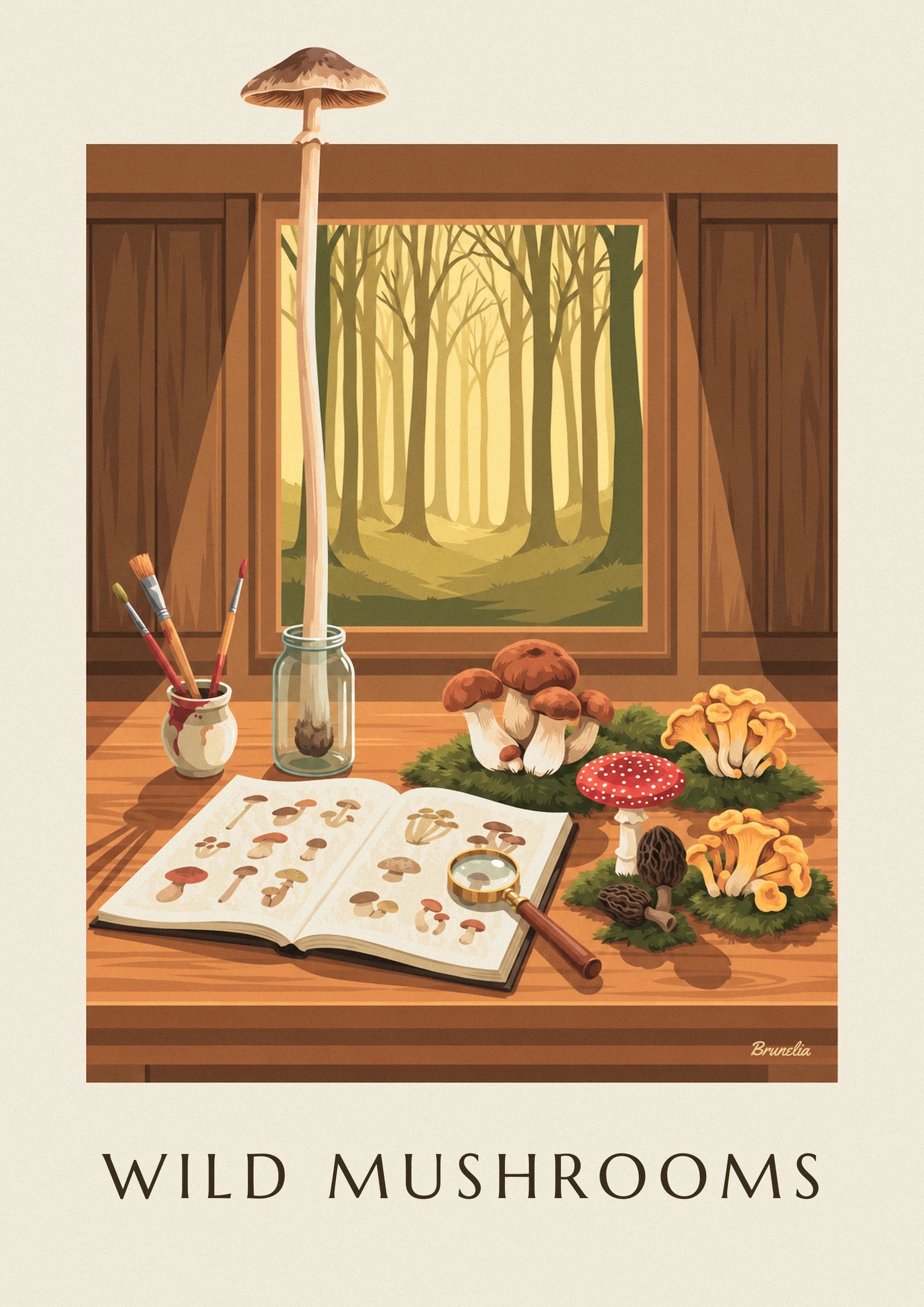 Ceps, chanterelles, a red fly agaric and morels on the moss beside the notebook and magnifying glass
