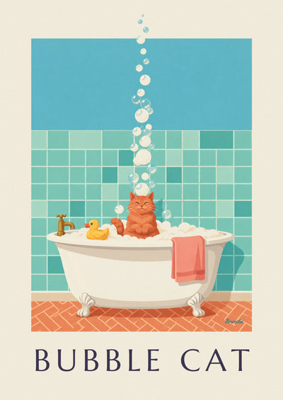 Affiche chat dans une baignoire pleine de mousse : l'affiche entière