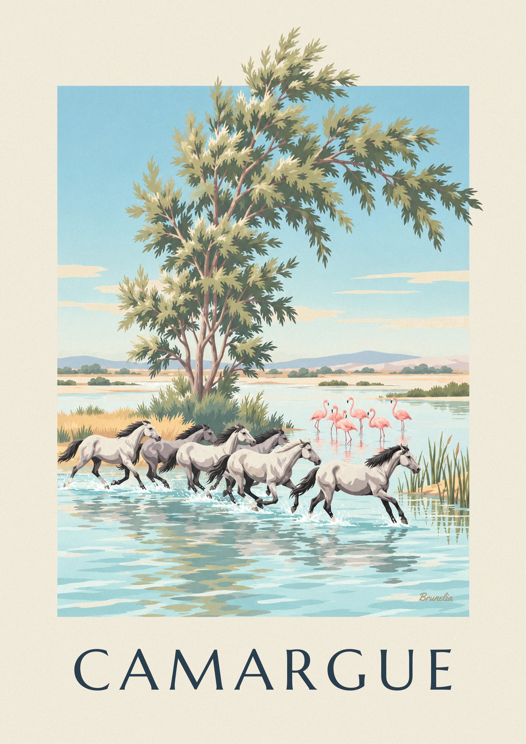 Camargue horses galloping through the marshes poster: close-up detail