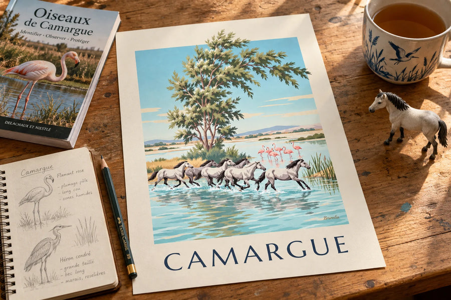 Plakat konie z Camargue galopujące po bagnach: na stole