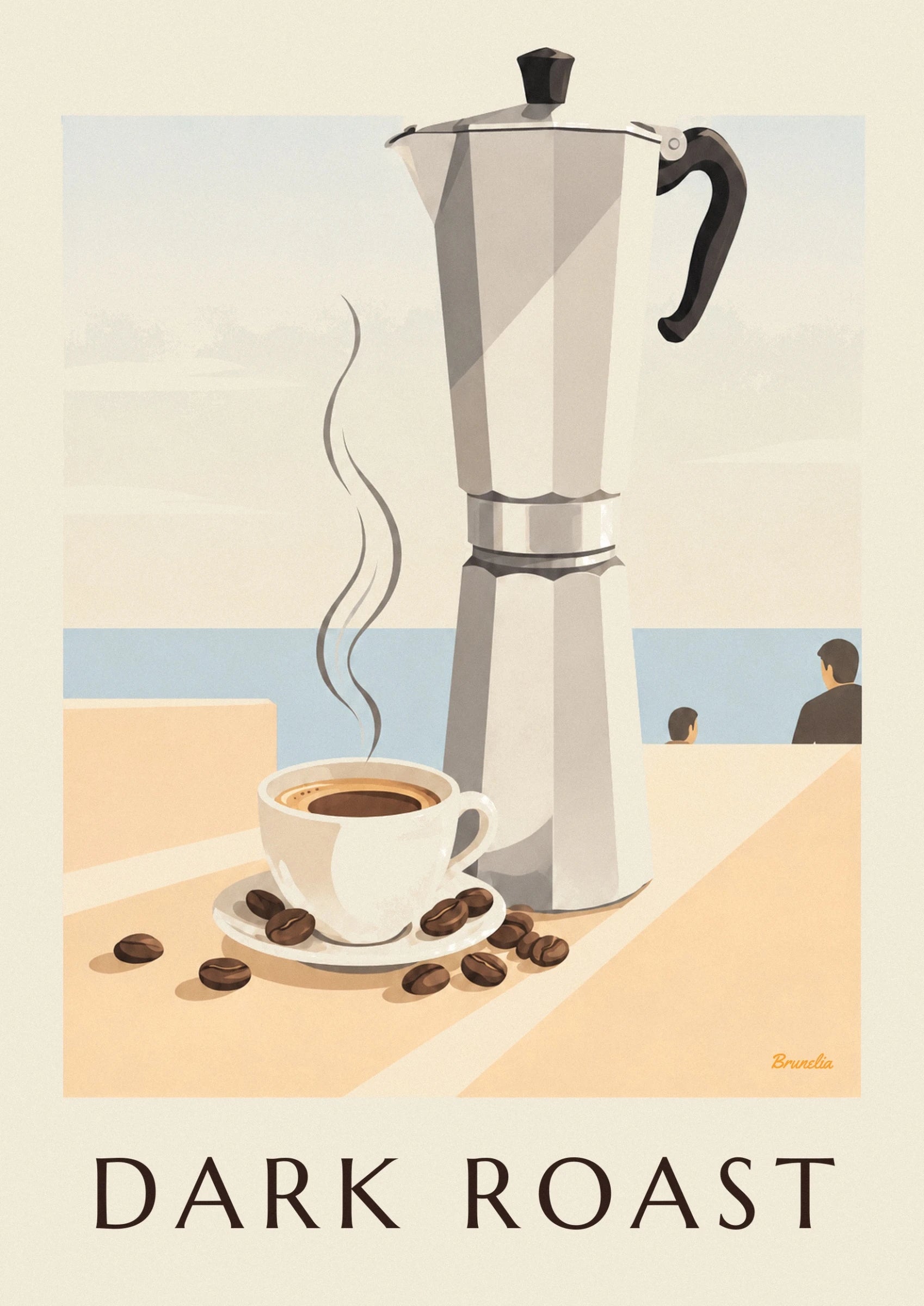 A white cup of steaming espresso on its saucer, surrounded by coffee beans
