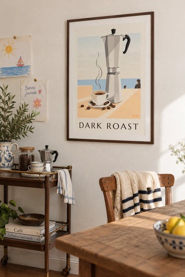Plakat filiżanka espresso, palone ziarna kawy i kawiarka: w ramie na ścianie