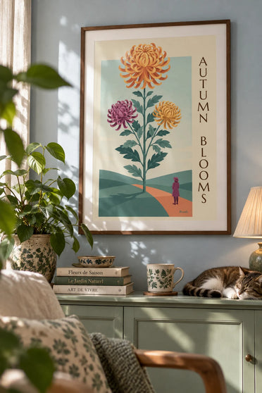 Poster of a botanical plate of full-bloom chrysanthemums: framed on the wall