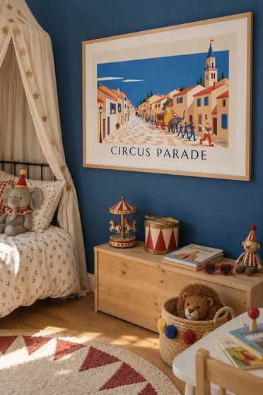 Circus parade poster through the village: framed on the wall