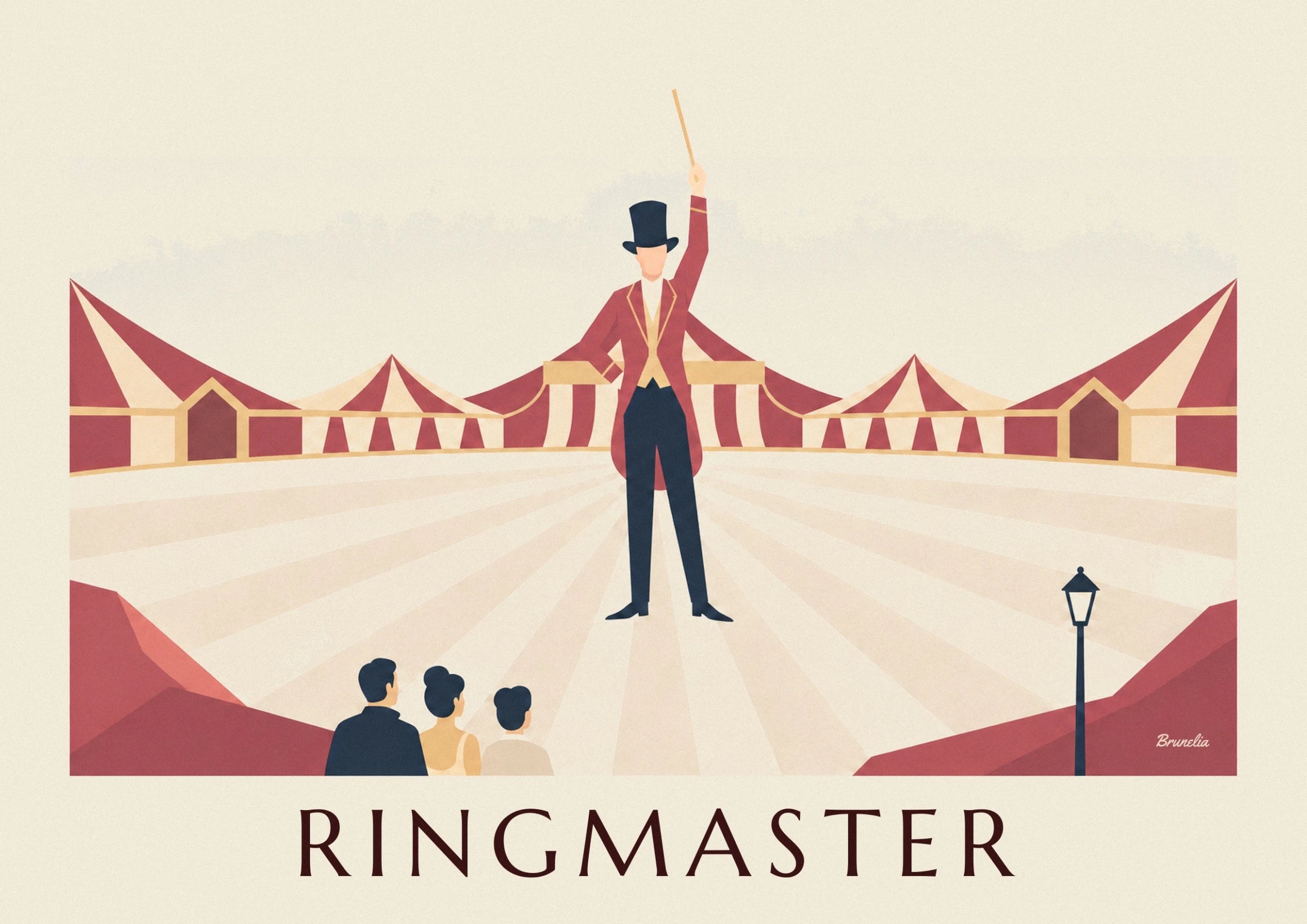 A tall, slender black street lamp in front of the red and cream canvas of the big top