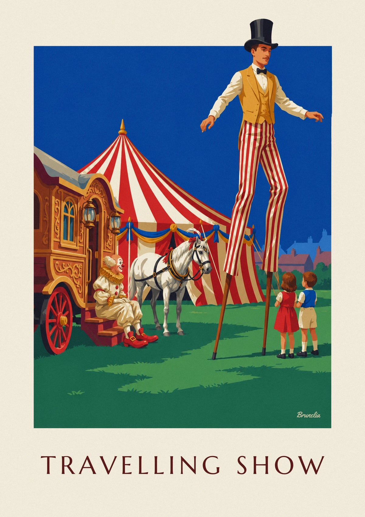 Affiche roulotte et chapiteau de cirque sur la place du village