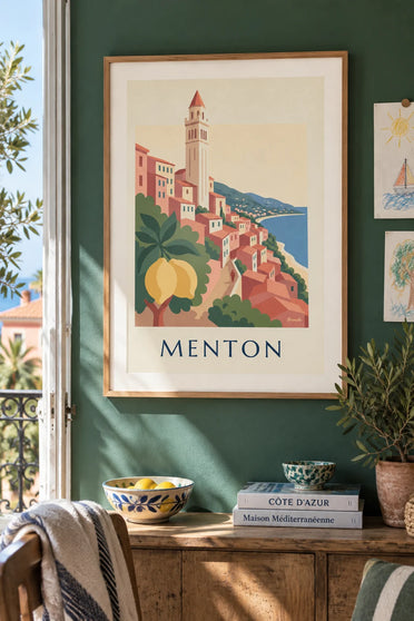 Poster of a Menton lemon and the old town on the French Riviera: framed on the wall