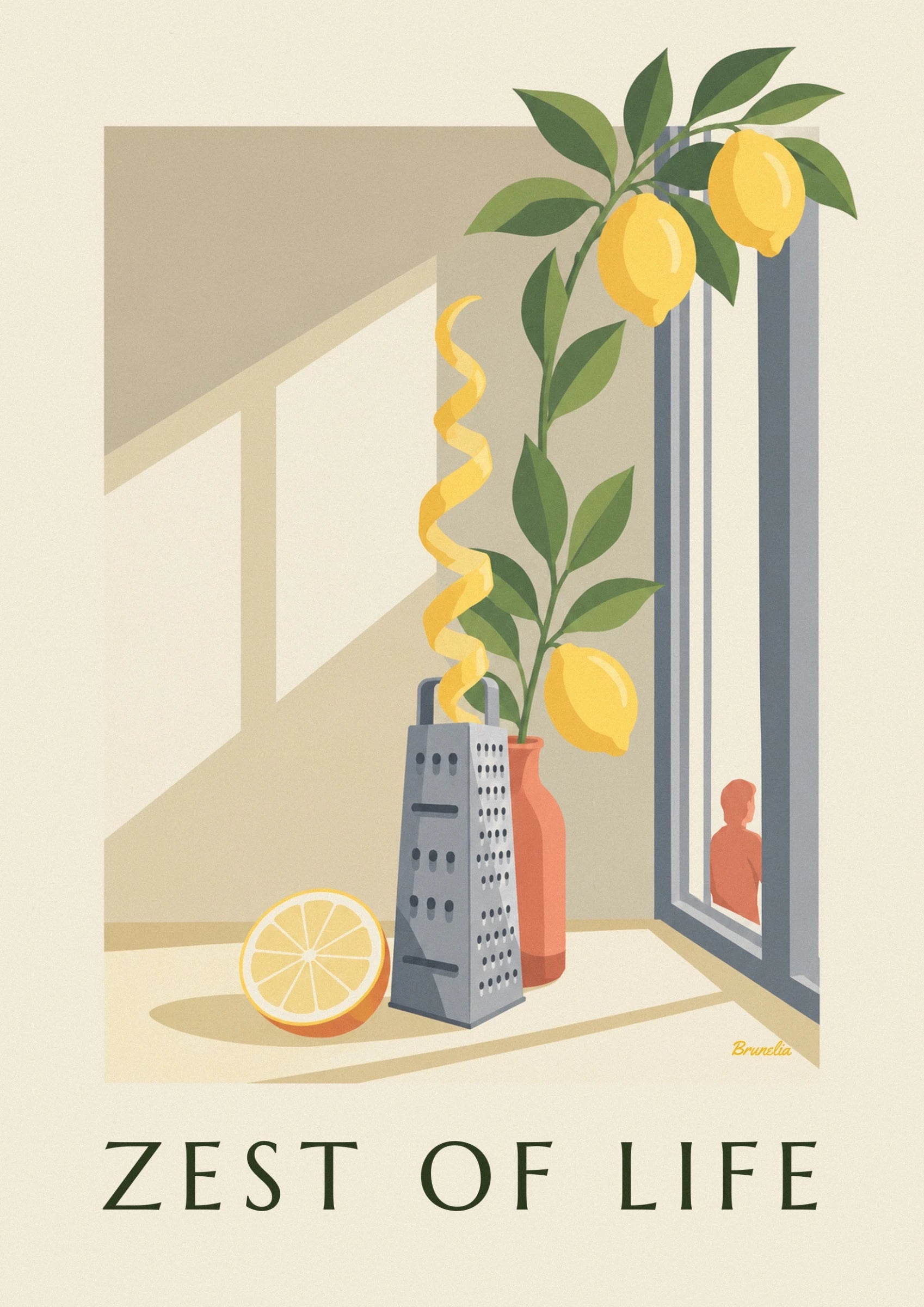 Le demi-citron et la râpe grise, posés près d'un vase orange