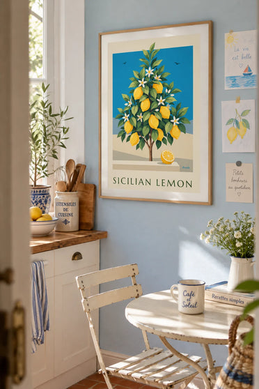 Poster of a botanical plate of Sicilian lemons in bloom: framed on the wall