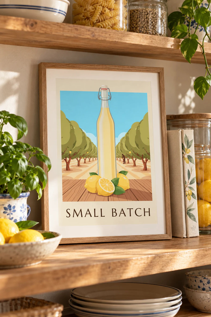 Plakat butelka domowej lemoniady cytrynowej i cytryny: mały format A4 w ramie