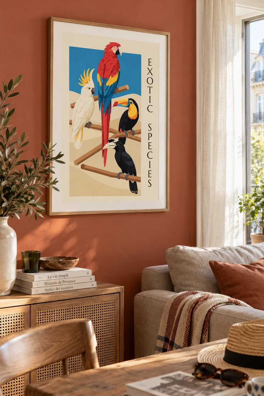 Ornithological classification poster of exotic birds: framed on the wall