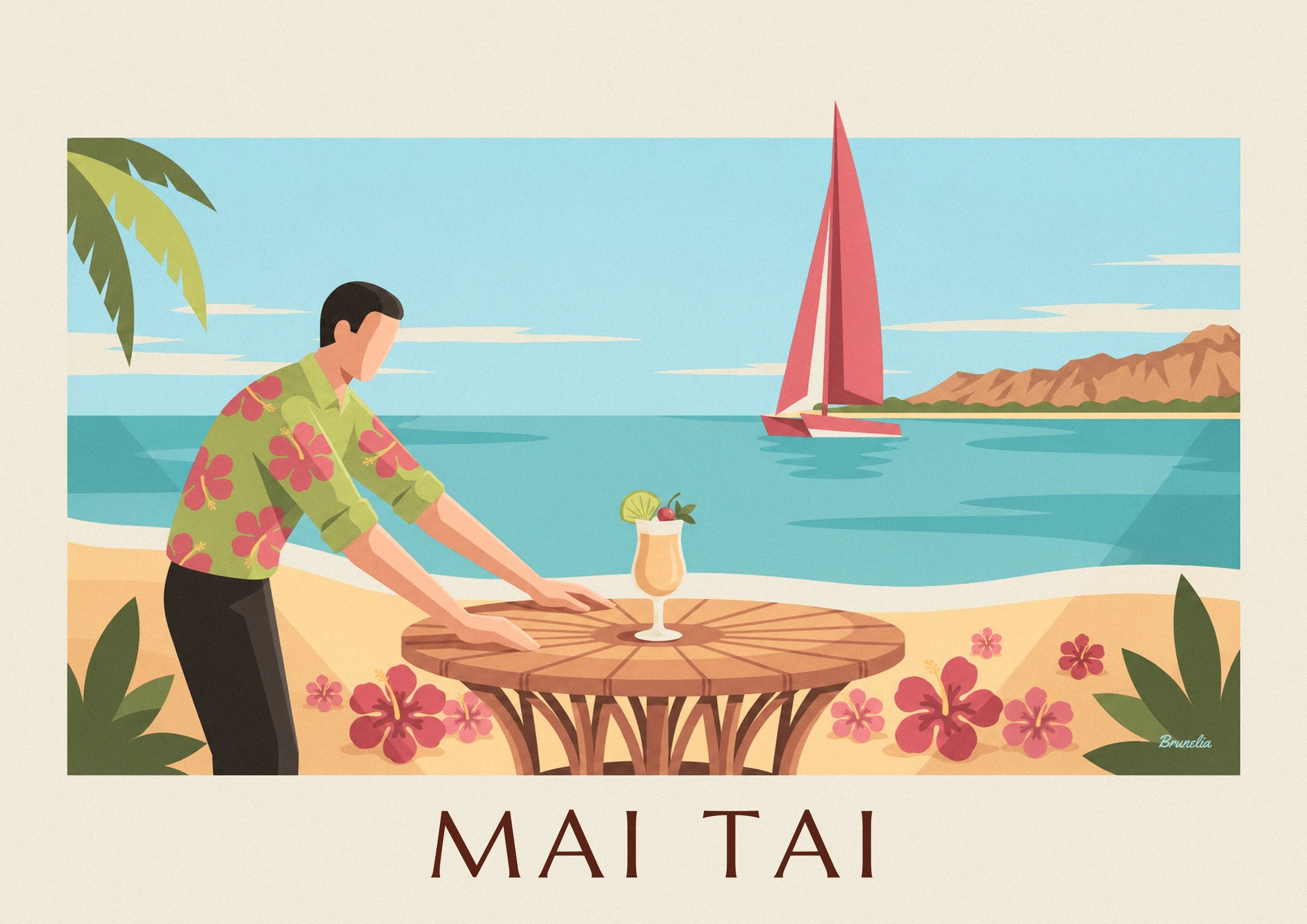 Le serveur en chemise verte à hibiscus roses, penché sur la table face à la mer