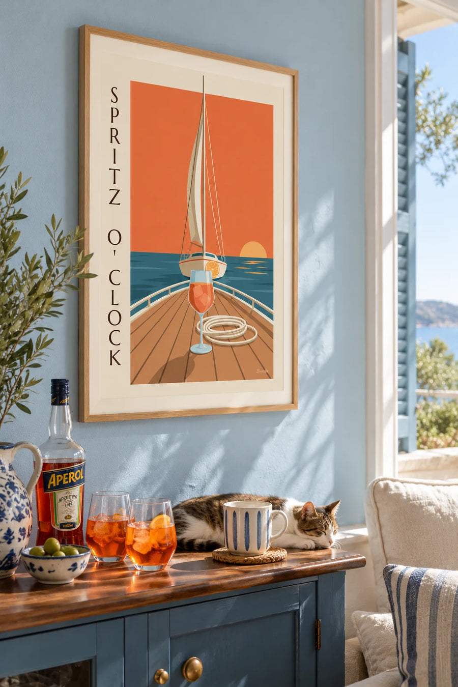 Poster of a spritz on a sailboat deck at sunset: framed on the wall