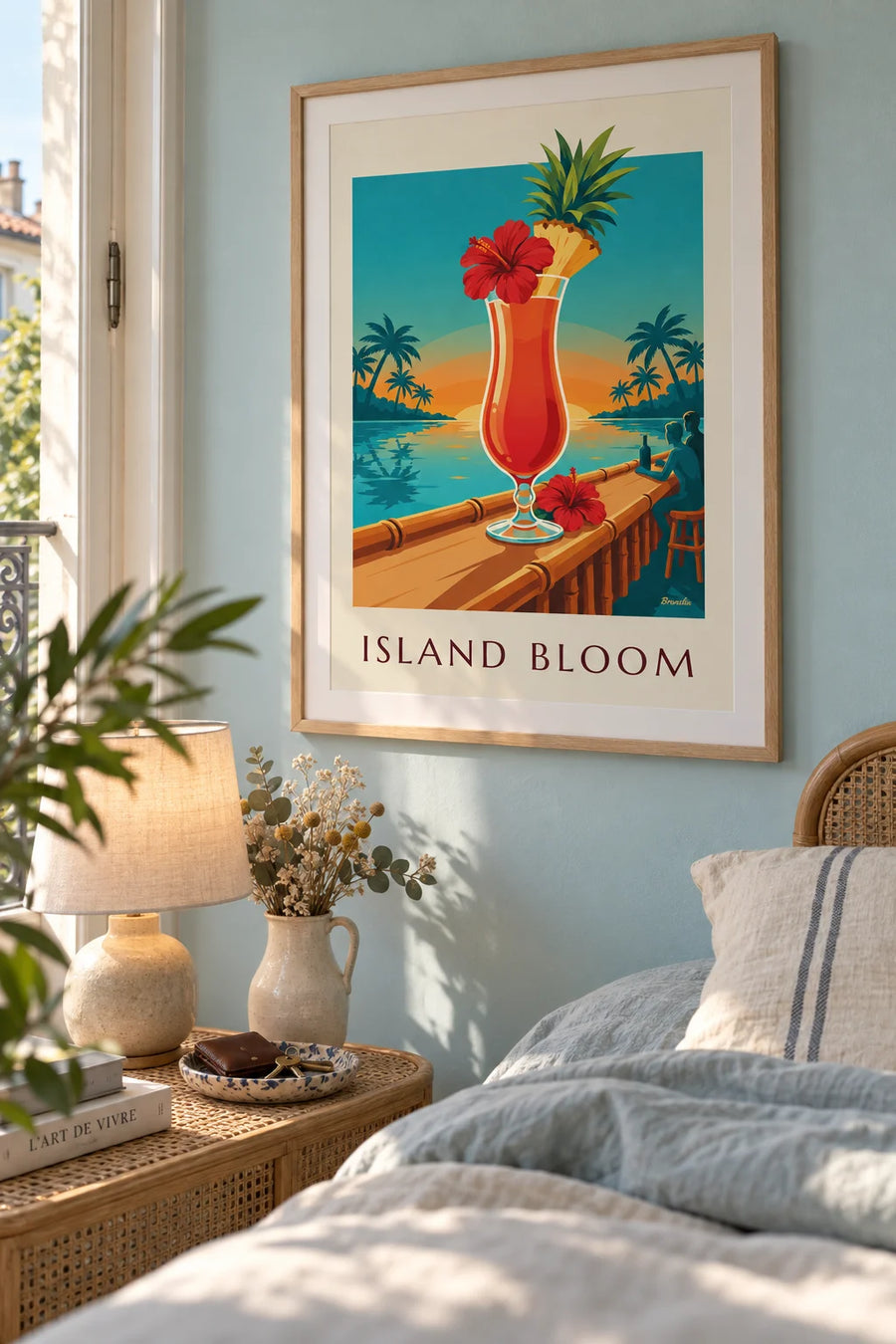 Tropical hibiscus cocktail poster on a beach bar: framed on the wall