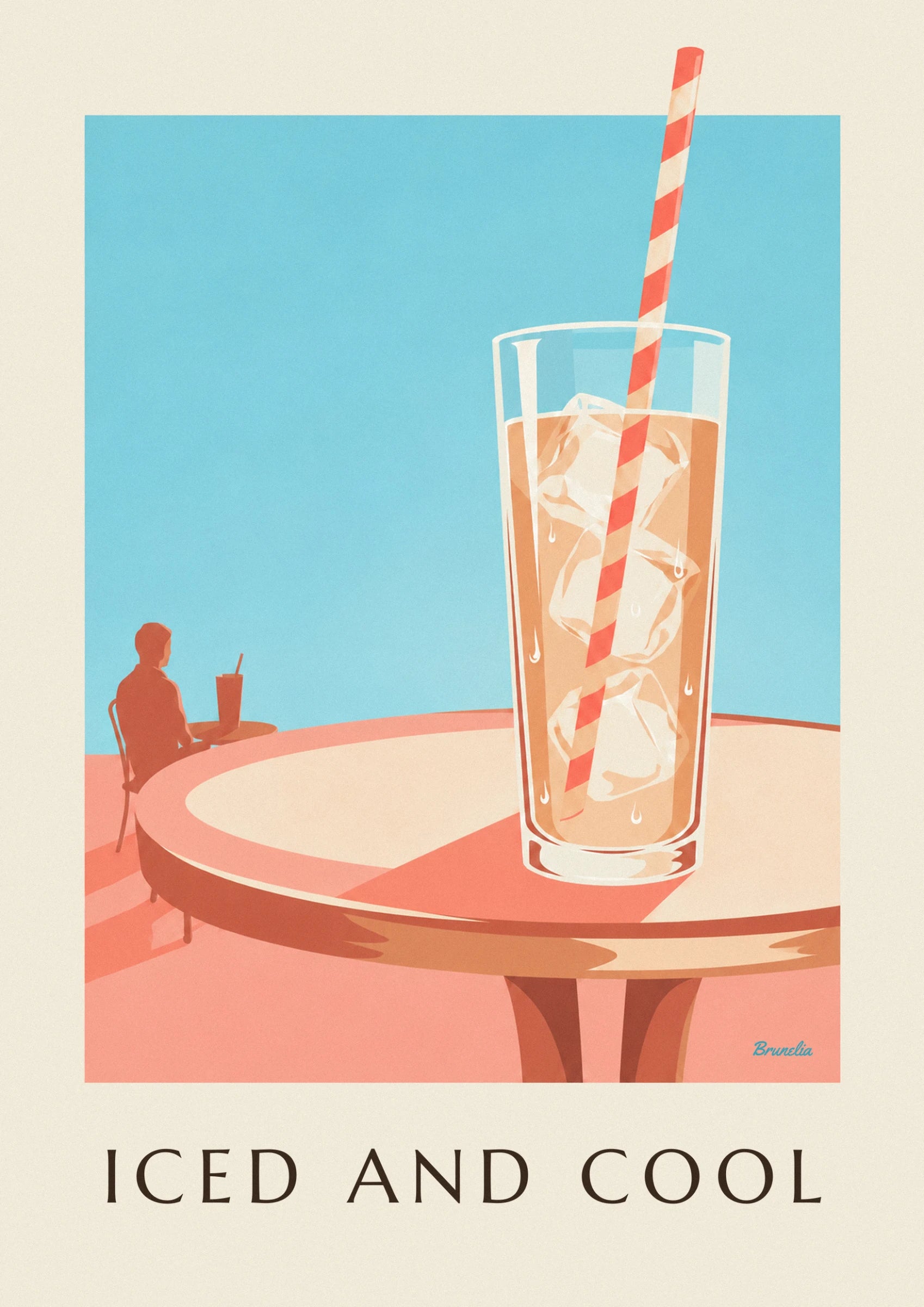 The tall glass of iced coffee, with ice cubes and a red and white striped straw