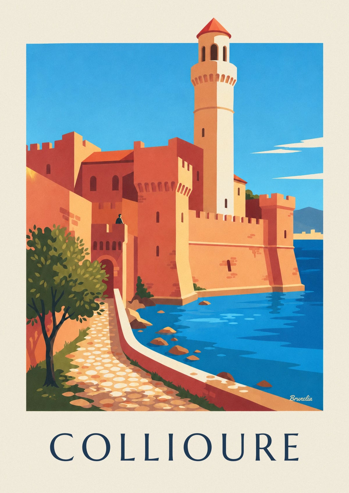 Collioure royal castle and bell tower by the bay poster