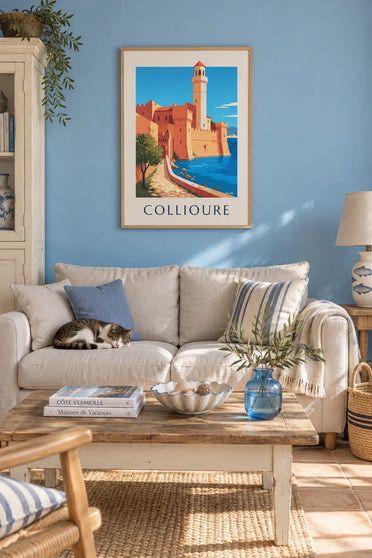 Poster of Collioure’s royal castle and bell tower on the bay: framed on the wall