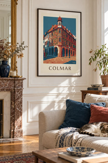 Plakat z Maison Pfister i rzeźbioną drewnianą galerią w Colmar: w ramie na ścianie