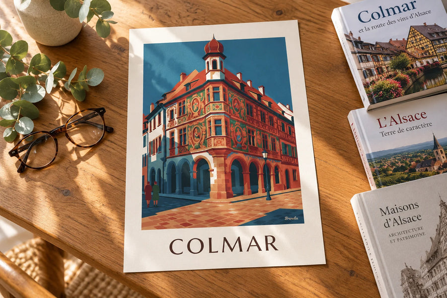 Plakat z Maison Pfister i rzeźbioną drewnianą galerią w Colmar: na stole