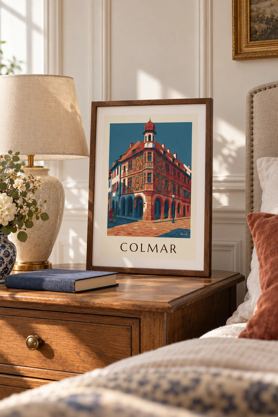 Plakat Maison Pfister z rzeźbioną drewnianą galerią w Colmar: mały format A4 w ramce