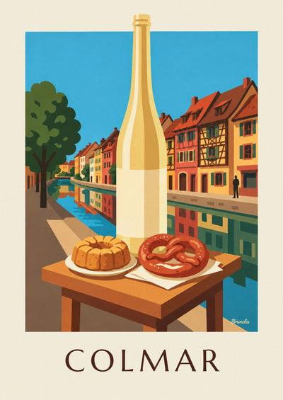 Affiche maisons à colombages de Colmar, kougelhopf et vin d'Alsace : l'affiche entière