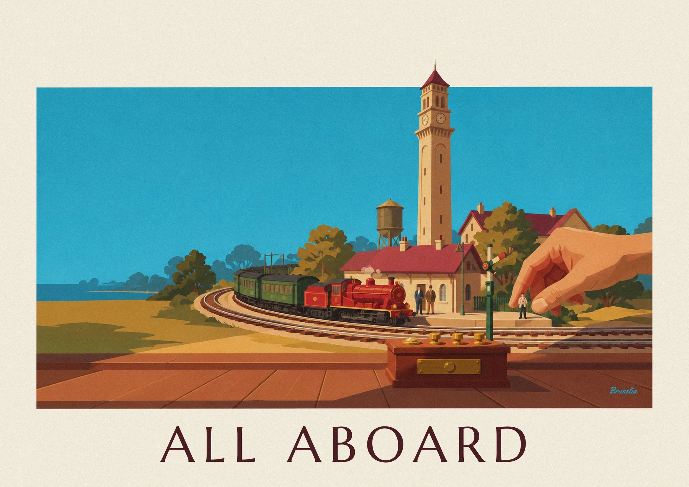 Miniature electric train and model railway station poster: close-up detail