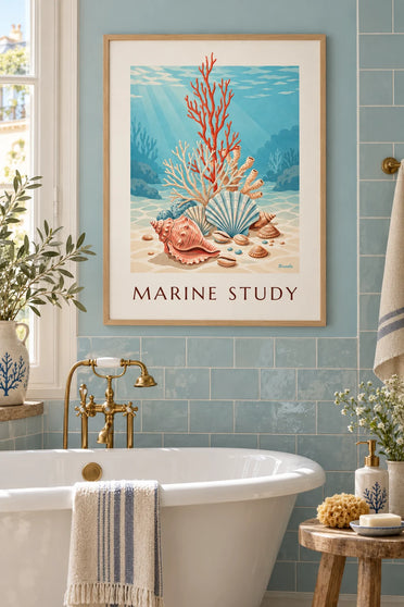 Affiche planche naturaliste de coraux et coquillages : encadrée au mur