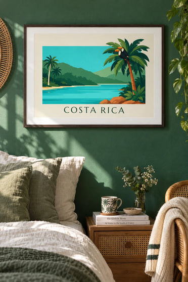 Poster of 2 toucans and a tropical lagoon in Costa Rica: framed on the wall