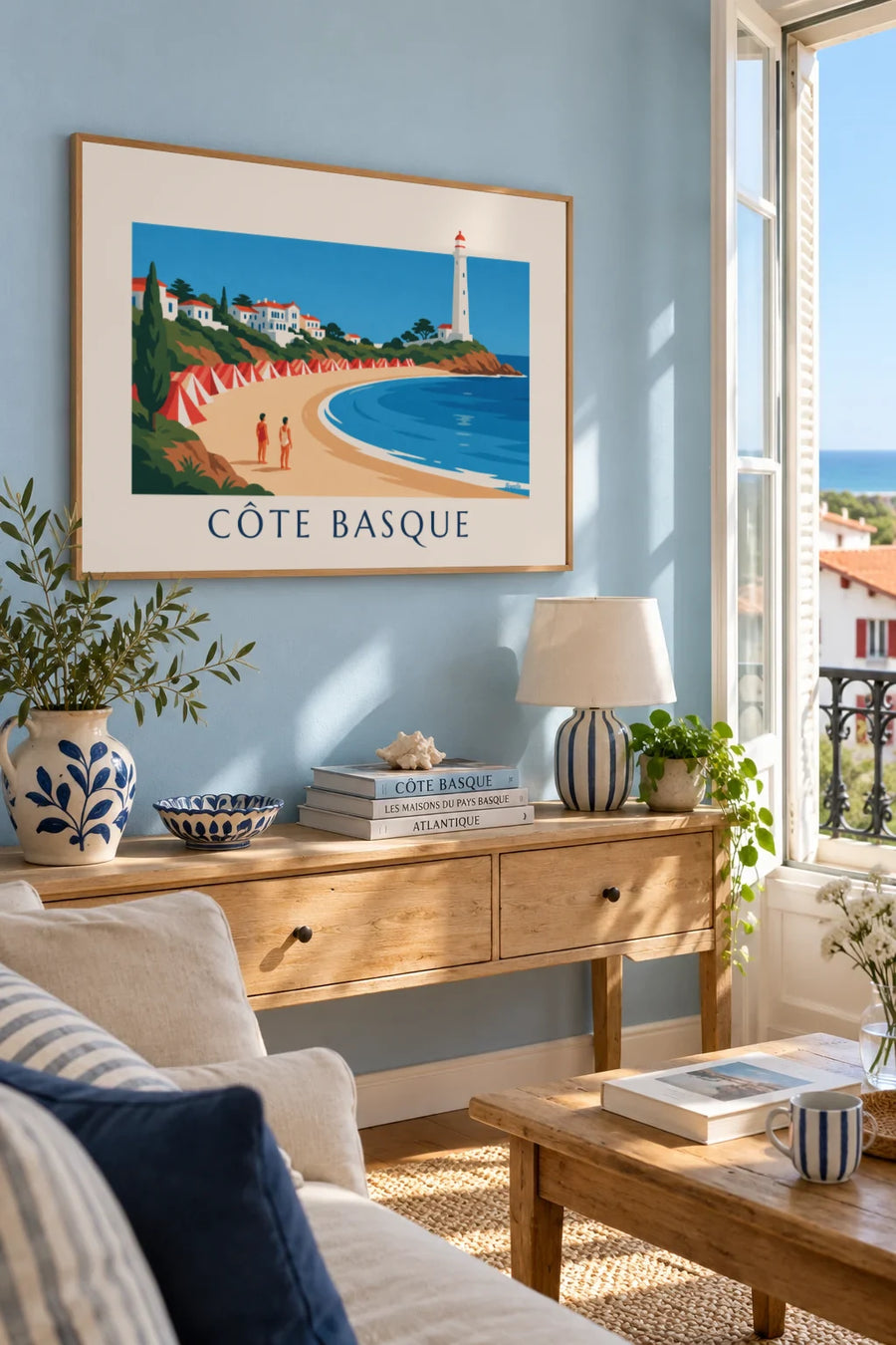 Poster of a Basque Coast seaside resort, villas and lighthouse: framed on the wall