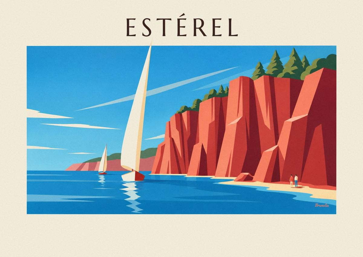 Sailboats before the red rocks of the Esterel poster