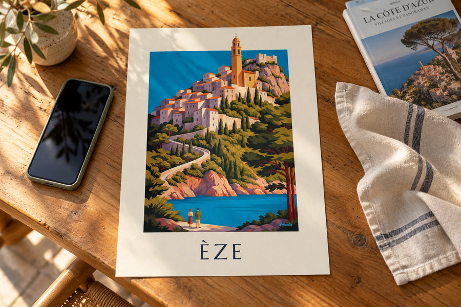 Plakat wioska Èze na szczycie wzgórza nad Morzem Śródziemnym: na stole
