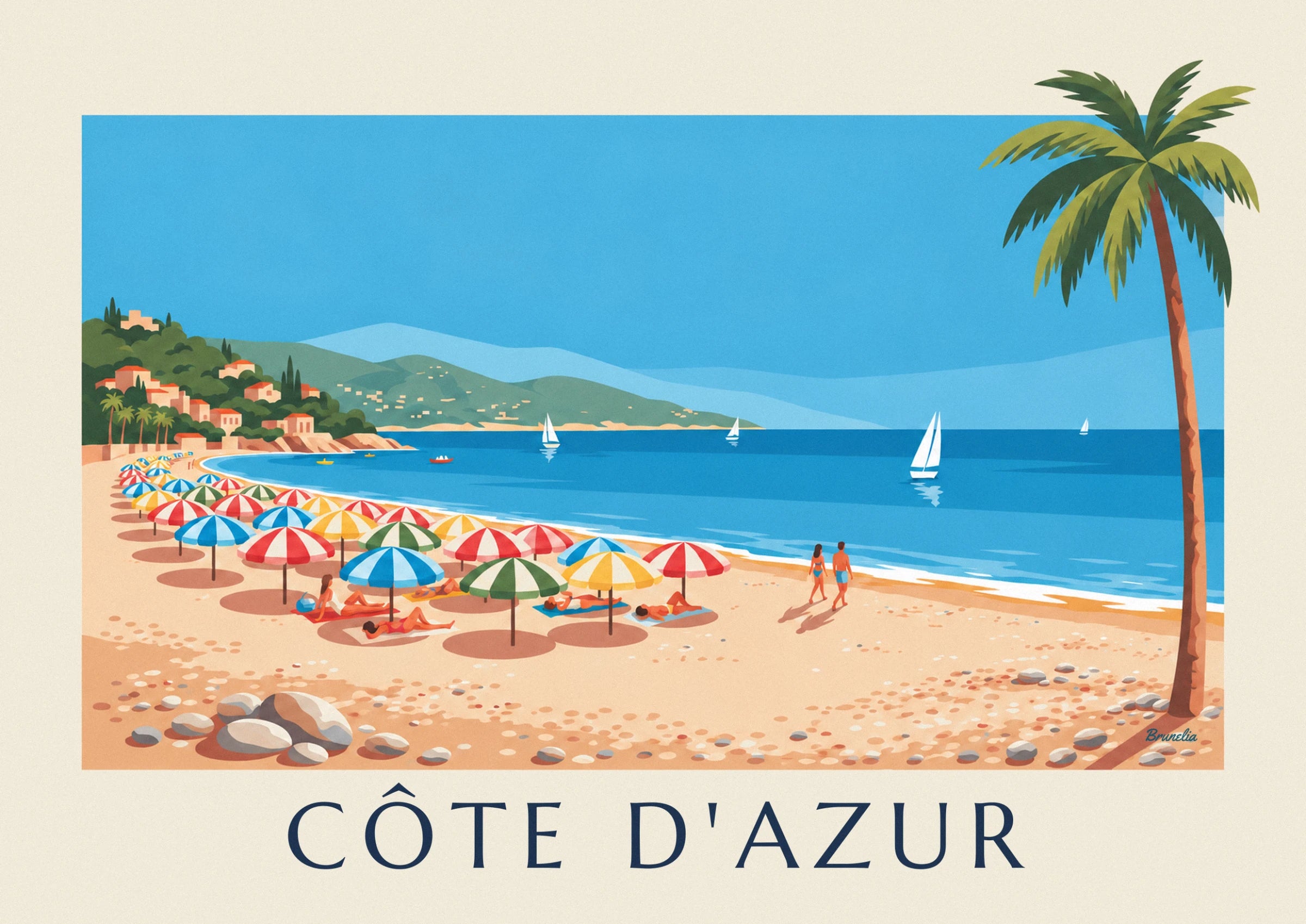 Parasols rayés rouges, verts, bleus et jaunes, baigneurs allongés sur le sable